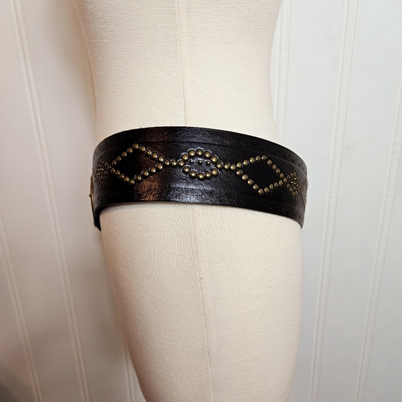 Vintage Fossil Studded Brown Leather Belt Wide Western Moto Boho L main image 11
